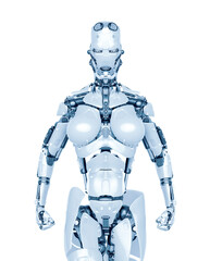 cyborg girl is angry and ready to attack on white background