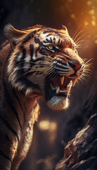 close up portrait of a beautiful roaring wild tiger - generative AI