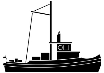 Clean & simple illustration of fishing boat or tug boat. Line art, clipart, icon, object, shape, symbol, etc. PNG with transparent background. Design elements for websites and other graphics.