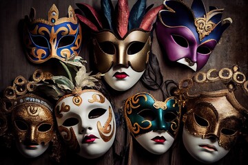 Carnival masks and costumes for Purim carnival or Mardi Gras. 