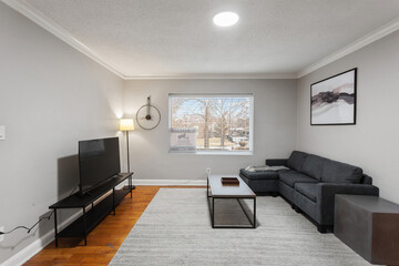 White apartment with wide open spaces, hardwood flooring and modern furniture. Used as a short term rental. 