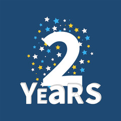 2th  Years anniversary celebration design with colors stars. Birthday card. 2 years card on blue backgorund.
