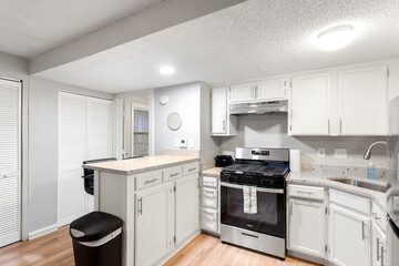 Modern Efficiency: Short-Term Rental with White Cabinets, Wood Floors, and Open Floor Plan