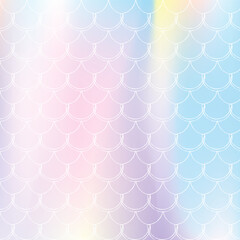 Gradient mermaid background with holographic scales.