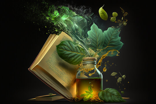 magic book and herbal cocktail