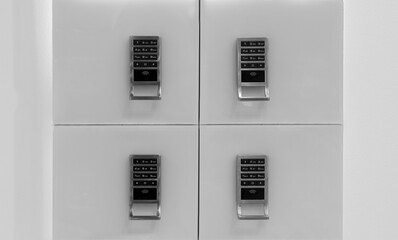 Key Locker for keep valuable things security. The Safe lock with 4 digits code. Close up view of digital lockers.
