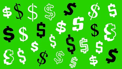 Green background with money symbols in different fonts, in black and white colors