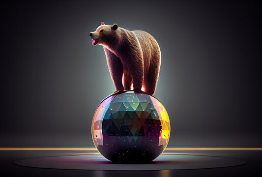 bear standing on a colorful ball, isolated, generative ai