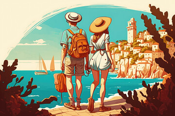 A couple of tourists admire the view of the sea city. Generative ai.