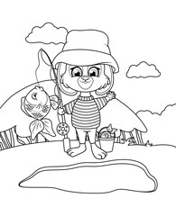 Coloring page. A bunny with a fishing rod, a bucket and a fish by the pond