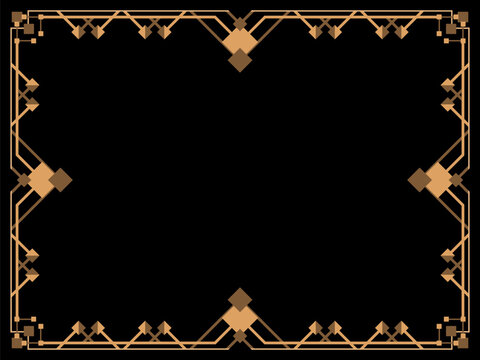 Art deco frame. Vintage linear border. Design a template for invitations, leaflets and greeting cards. Geometric golden frame. The style of the 1920s - 1930s. Vector illustration