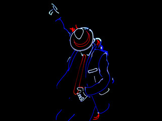 Dancers in suits with LED lamps. light show - obrazy, fototapety, plakaty