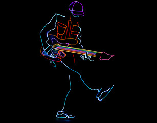 Guitarist play guitar. Laser show performance, dancers in suits with LED lamp. night club party.