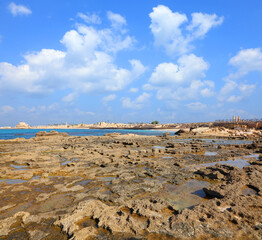 View of the old city of Caesarea and the beautiful Mediterranean Sea panoramic view. Mediterranean. Caesarea National Archaeological Park. Israel