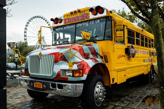 Liverpool UK , 01.02.2023:  Yellow School Bus, A Symbol Of Education And Safety On The Road