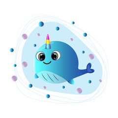Whale unicorn. Cute fabulous unicorn whale. Rounded little whale, blue and blue hues. cartoon magic animal. Colorful vector illustration for kids designs, posters, cards, clothing, print on clothes. © Yuliya