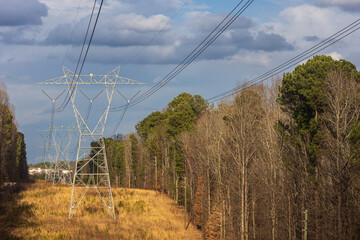 Row of electricity transmission towers lined up in residential neighborhood