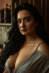 Fototapeta premium Very sexy serious mature Hispanic woman in lingerie looking at the camera. Generative AI