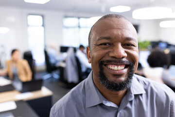 Happy african american businessman looking at camera in office