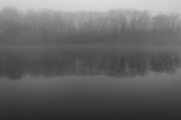 Black and white image of  fog covering lake and trees