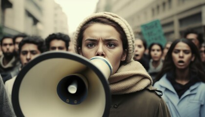 Female activist protesting with megaphone during a strike. Generative AI	