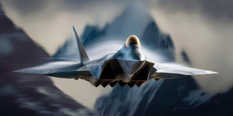 Lockheed Martin F-22 breaks the sound barrier over the swiss alps, sonic boom. AI-Generated - obrazy, fototapety, plakaty