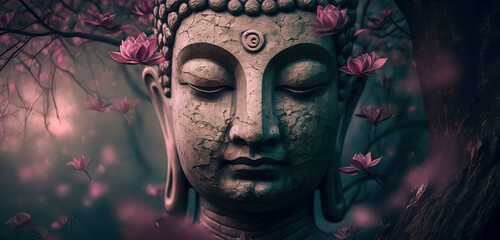Buddha with his eyes open under a lotus tree spiritualcore . AI-Generated