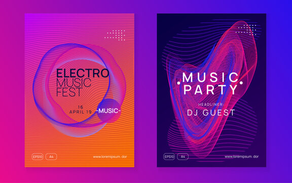 Dj event neon flyer. Techno trance party. Electro dance music. Electronic sound. Club fest poster.