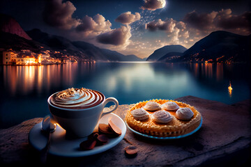 Cup of coffee and delicious dessert on blurred background of Italian lake. Generative AI. 1