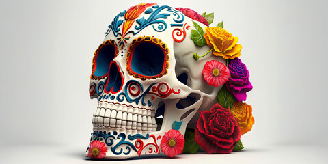 Day of the dead traditional skull on white background. AI-Generated
