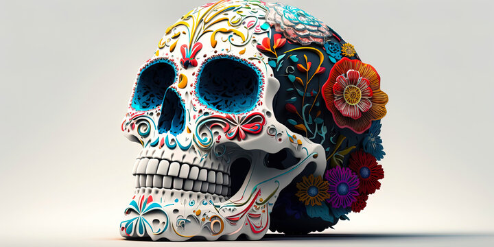 Day of the dead traditional skull on white background. AI-Generated