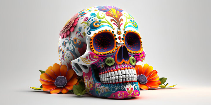 Day of the dead traditional skull on white background. AI-Generated