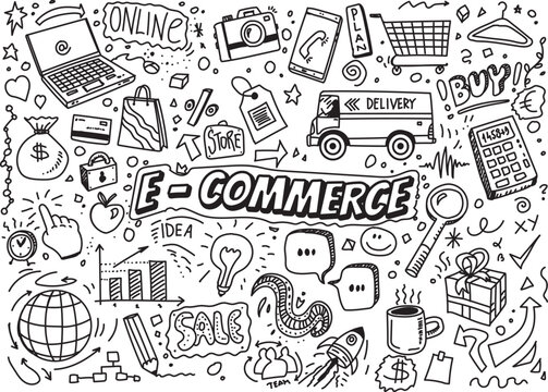 E commerce vector doodles, hand drawn elements on white background