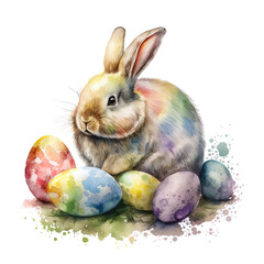 Digital Watercolor Easter bunny with Easter eggs. Ai art