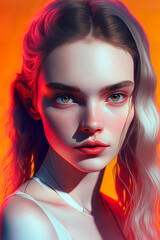 portrait of attractive Welsh Android super Model, Vivid-Orange background . AI-Generated