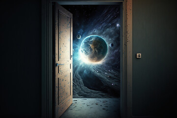 A room with a door leading to space. Generative AI