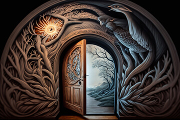 Door carved in wood with animal motifs that leads to a fantasy forest. Generative AI
