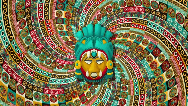 Tribal mask over a rotating spiral background, loop animation