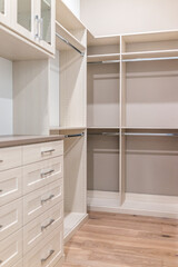 Walk-in closet shelves, chest of drawers in modern minimalist white style in staging model house...