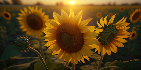 SunFlowers in a green field on a sunny day. AI-Generated