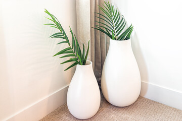 Two vases with green potted plant branch home interior decoration with white walls in staging model house room showing in corner closeup