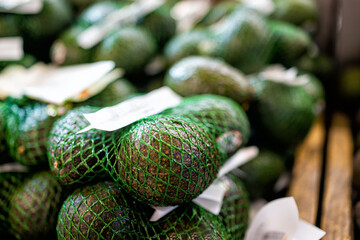 Avocados on grocery produce store shop supermarket display, raw unripe tropical green fruit in mesh net bags