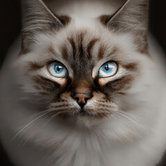 portrait of a blue eyed blue tabby birman cat looking into camera