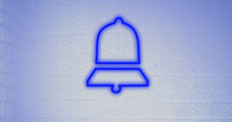 Composition of blue bell neon icon over purple background