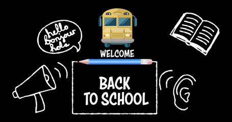 Image of back to school text over school items icons on blackboard