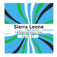 Composition of april 27 sierra leone independence day text over colorful stripes on blue background