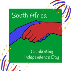 Illustration of south africa celebrating independence day text, hands shaking and fireworks display