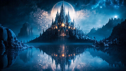 Fantasy castle, night, wide, landscape. Generative AI
