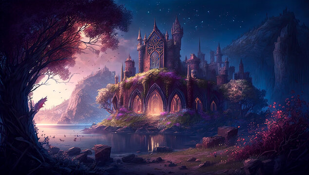 Fantasy castle, wide, landscape. Generative AI