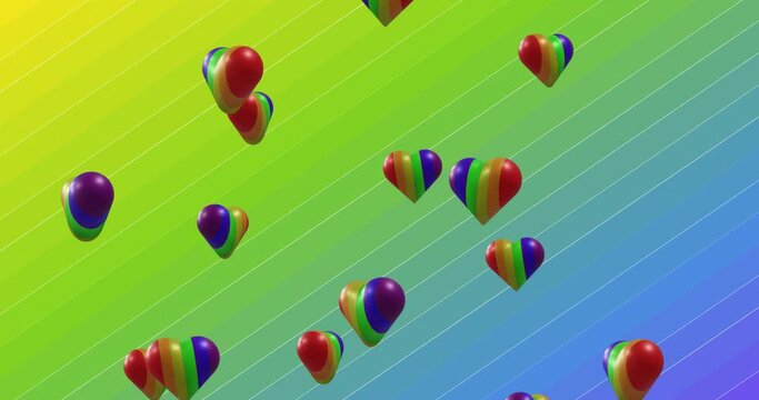 Animation of rainbow hearts spinning on gradient striped background